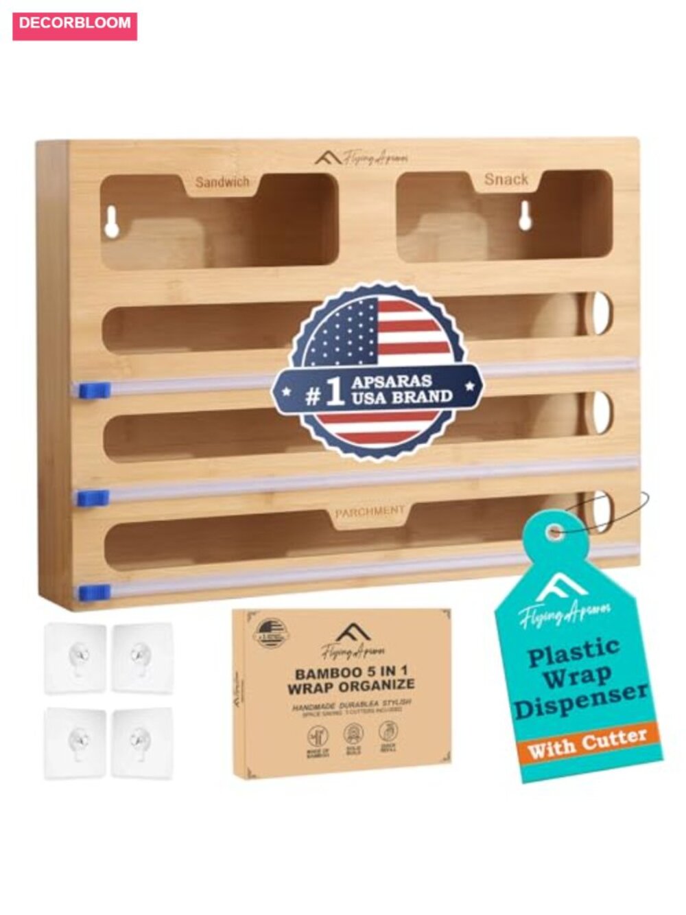 Bamboo Foil and Plastic Wrap Organizer 5 in 1 Kitchen Drawer Dispenser